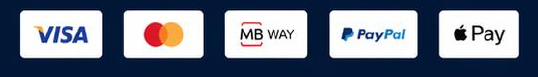 Formas de pagamento: VISA, Mastercard, MB WAY, PayPal, Apple Pay