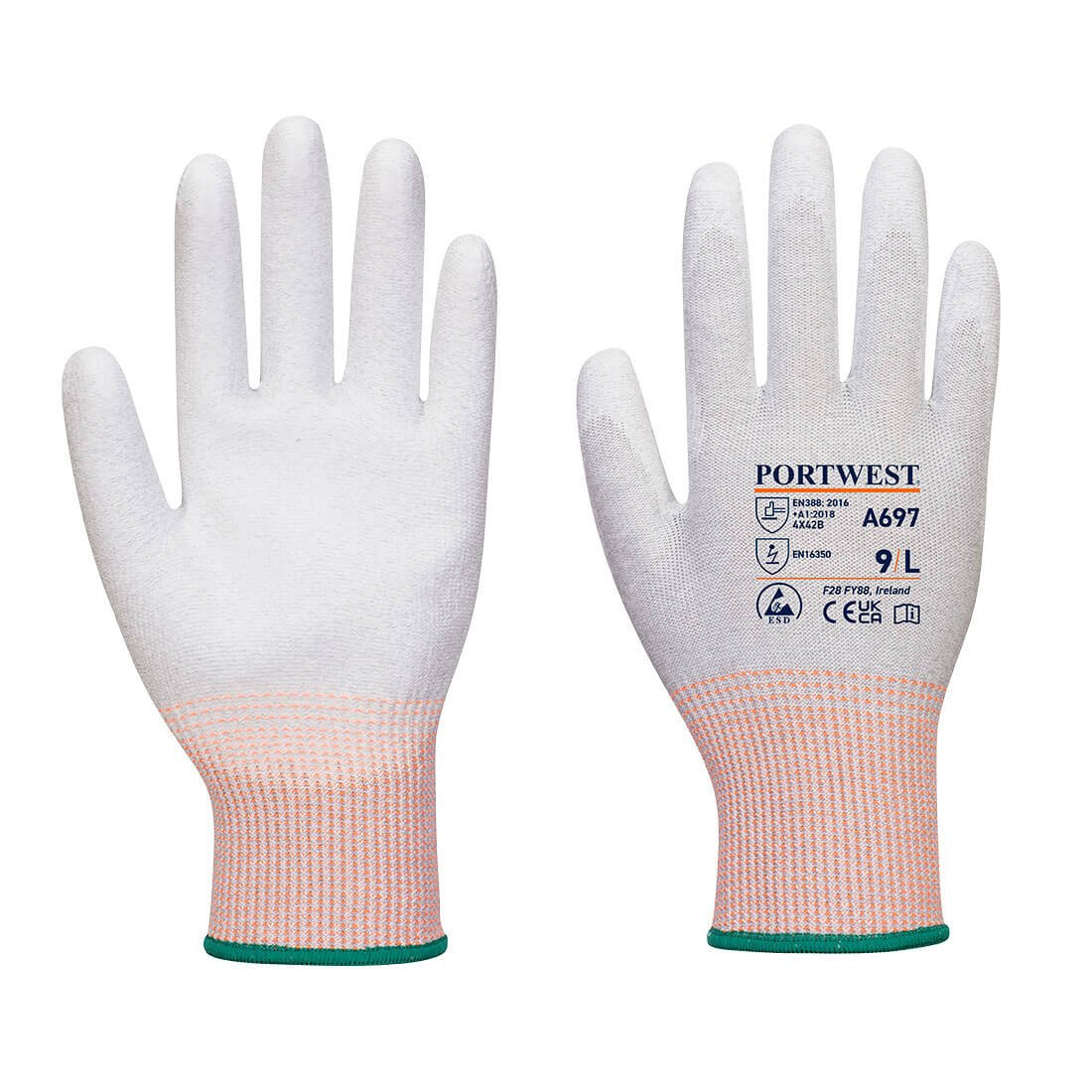 A697 - LR13 Luva de corte com ponta do dedo em PU ESD (Pk12) Cinzento/Branco
